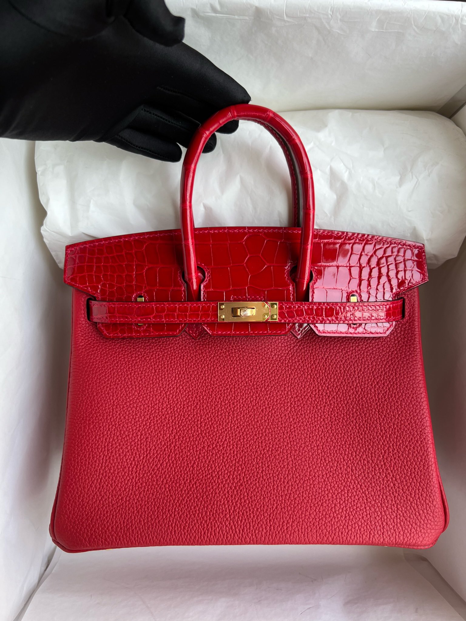 에르메스 버킨백25 플래그레드 금장 악어가죽 핸들